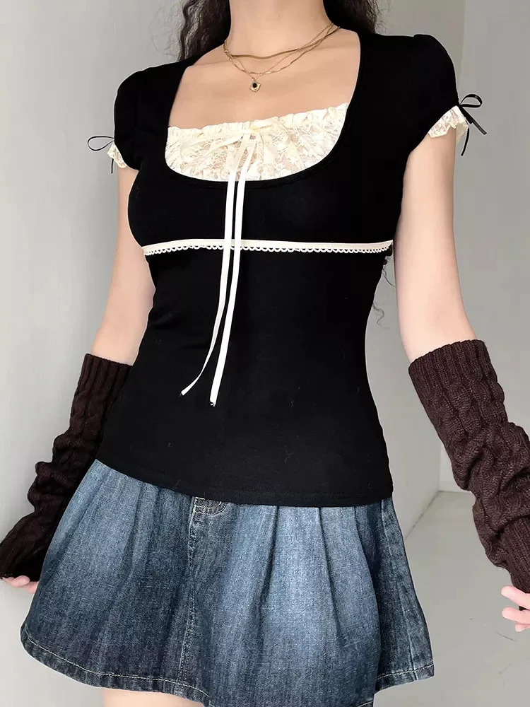 Y2k Укороченный топ с кружевной отделкой и бантом милая футболка коротким рукавом