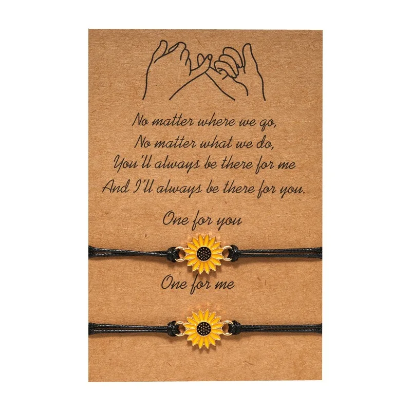 

Cotton Cord Sunflower Bracelets Handmade Braided with Black Rope Charm Friendship Wish Card Surf Bangle Jewelry Gift