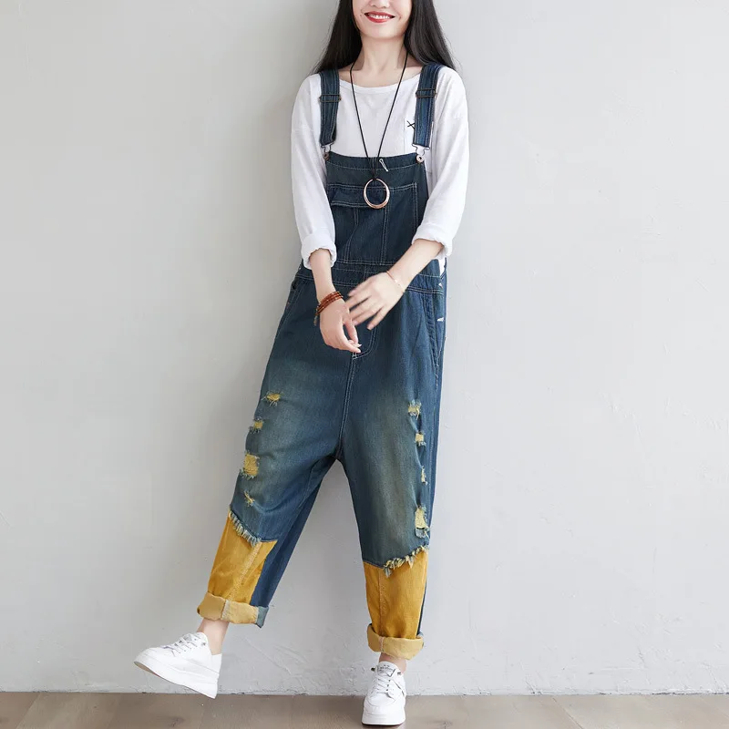 

Women Casual Loose New Retro Washed Worn Suspender Pants Stitching Corduroy Color Denim Suspenders Overalls Trousers Jumpsuits