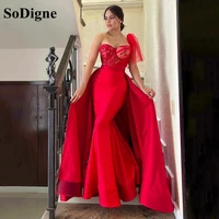 sodigne red mermaid evening dress with detachable trail formal party gown saudi arabic lace women prom dress