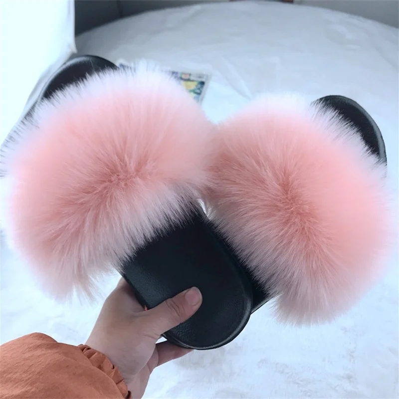 

Luxury Faux Fox Fur Flurry Slippers Women Summer Furry Shoes 2022 New Sexy Fur Slippers Flats Heel