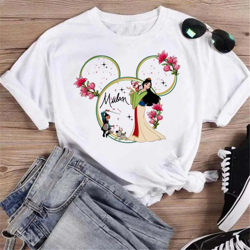 

Disney Mulan Print T-shirt Women Harajuku Aesthetics Casual Y2K Tops Summer Fashion Mushu Printed Female Clothing