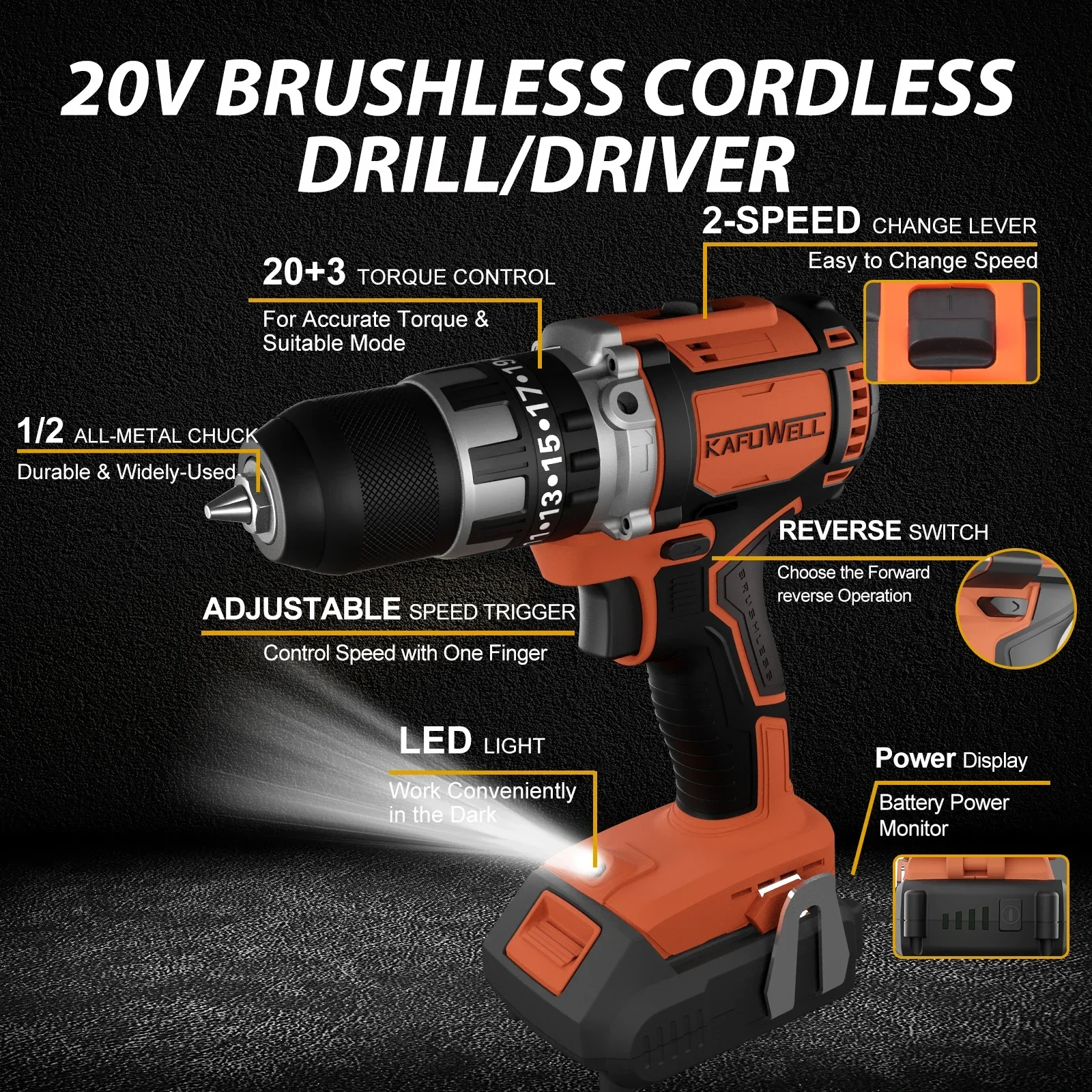 Элегантная беспроводная дрель KAFUWELL PA4541H с регулируемой скоростью 20 в литиевая