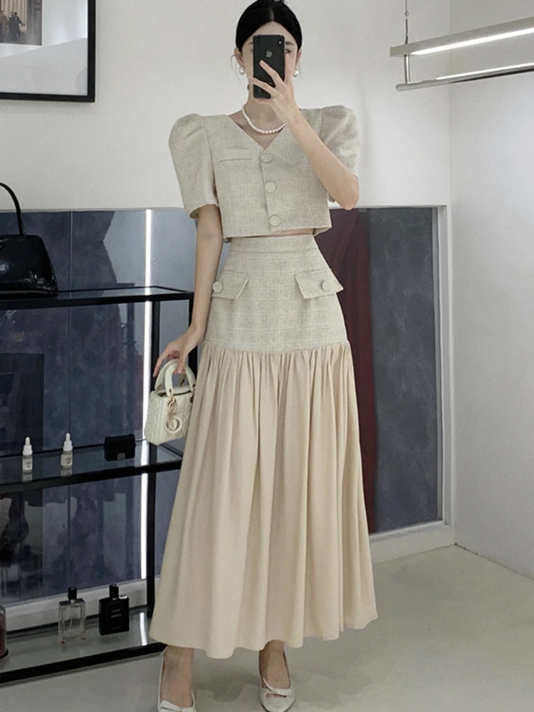 

Women Skirt 2 Piece Set Puff Sleeve V Neck Single Breasted Jacket + High Waist French Style Elegant Patchwork Midi Skirt Suit