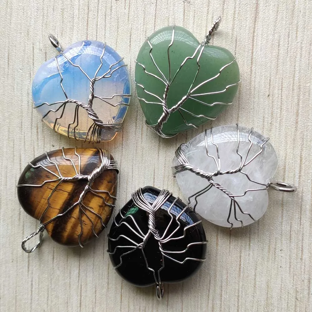 

New fashion natural stone heart shape wire wrapped tree of life pendants for jewelry marking Wholesale 4pcs/lot free shipping