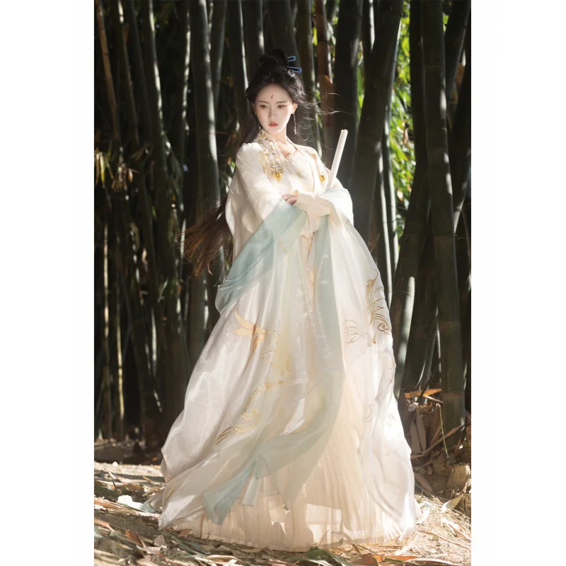 Фото Song Dynasty Hanfu — женский комплект Ruqun с вышивкой золотых перьев — элегантный сказочный стиль с широкими рукавами, новая коллекция весны и лета №2