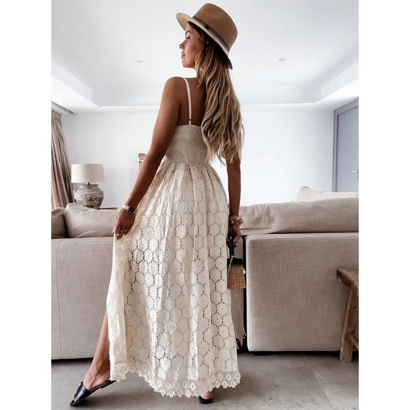 2023 New Sexy Sling Stitching Casual Elegant White Lace One-piece Outfit Summer Vocation Holiday Hollow Out Jumpsuits Women Boho