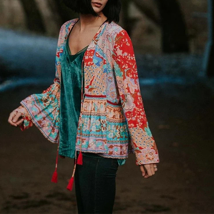 

BabYoung Women Birds Floral Printed Long Sleeve Bohemian Blouse Shirts Ladies Rayon V-Neck Cover-Up