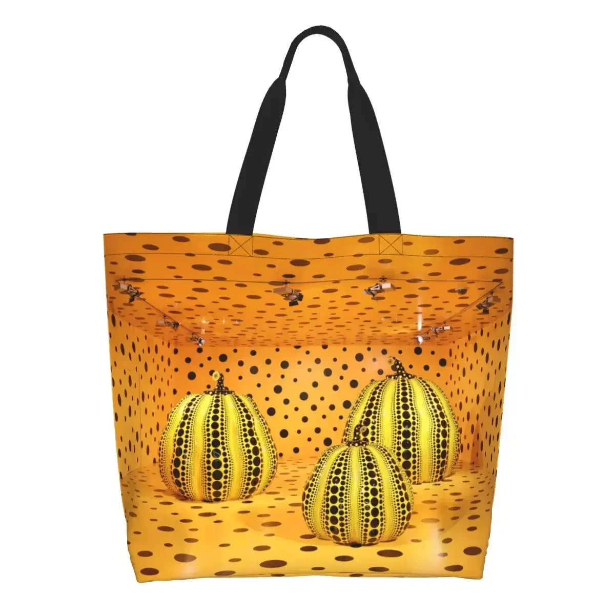 Фото Пользовательские Yayoi Kusama Pumkin абстрактное искусство холст сумка для покупок женская многоразовая большая вместительная продуктовая сумка-тоут для покупок №1