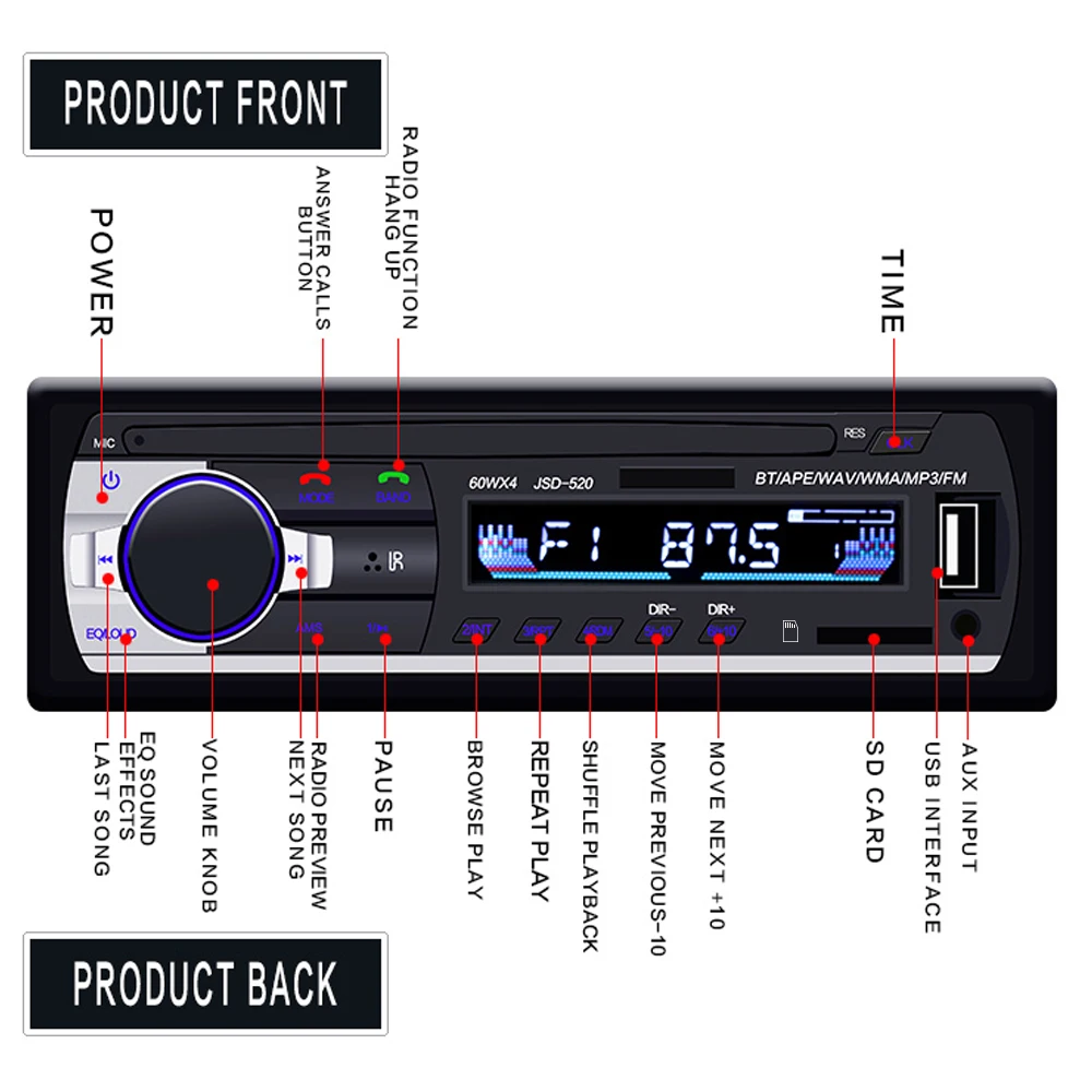 Hikity JSD-520 1 Din BT автомобильное радио стерео FM Aux-вход приемник 12 В In-dash One dDin