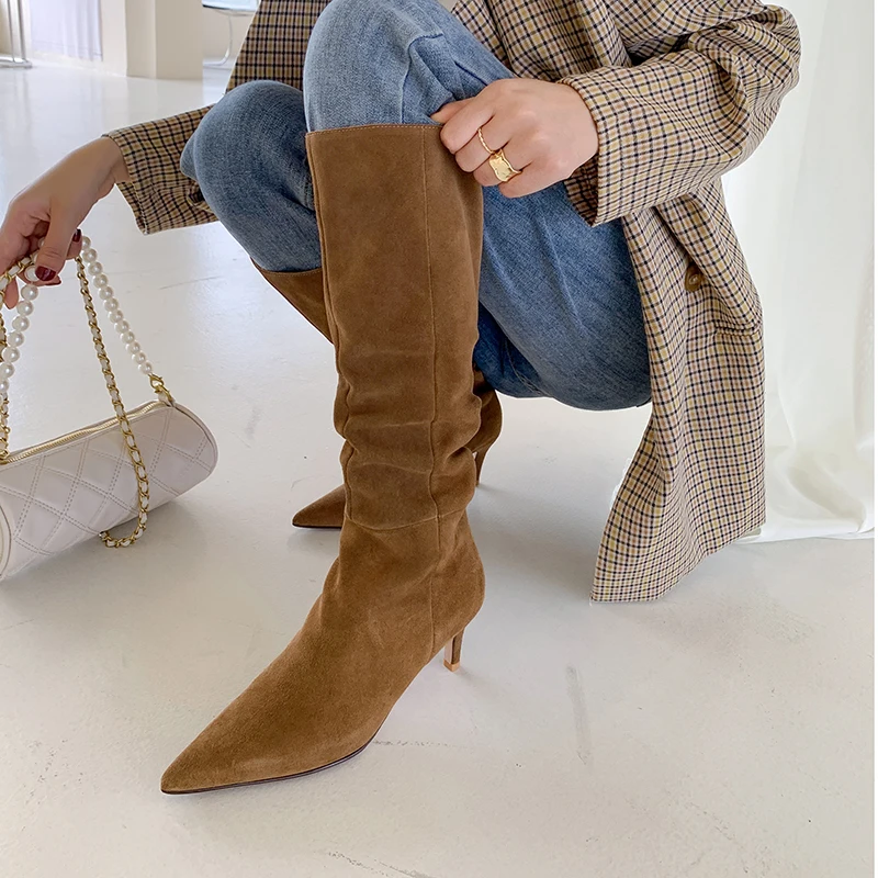 

2022 new Autumn and winter Women knee-high boots natural leather 22-24.5cm cow suede upper modern boots side zip Knight boots