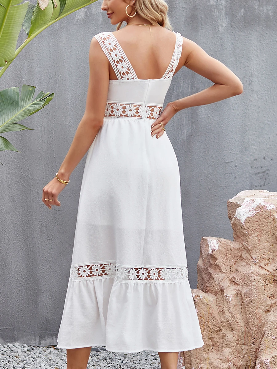 

Women s Elegant Lace Patchwork A-Line Maxi Dress with Square Neckline and Cutout Detail - Perfect for Cocktail Parties Beach