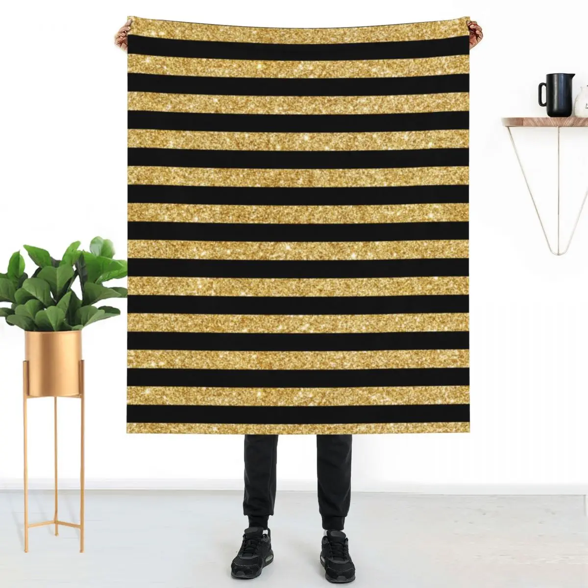 

Black Stripes Pattern Blanket Elegant Gold Glitter For Bed Very Warm Throw Blanket Custom Fleeze Blankets