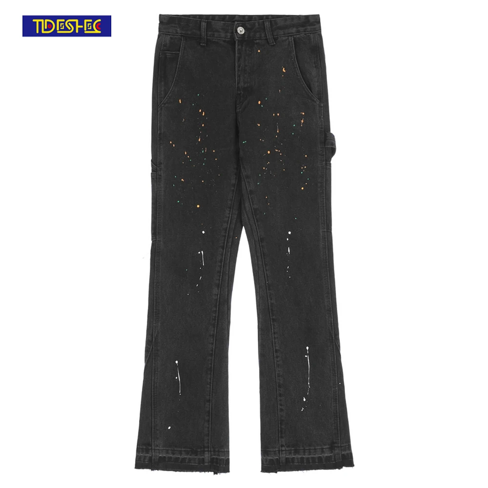 

2022 Hip Hop Men Denim Jeans Ink Splash Flared Pants Washed Pants Mens Designer Retro Vibe Pocket Trousers Jeans Men Clothing