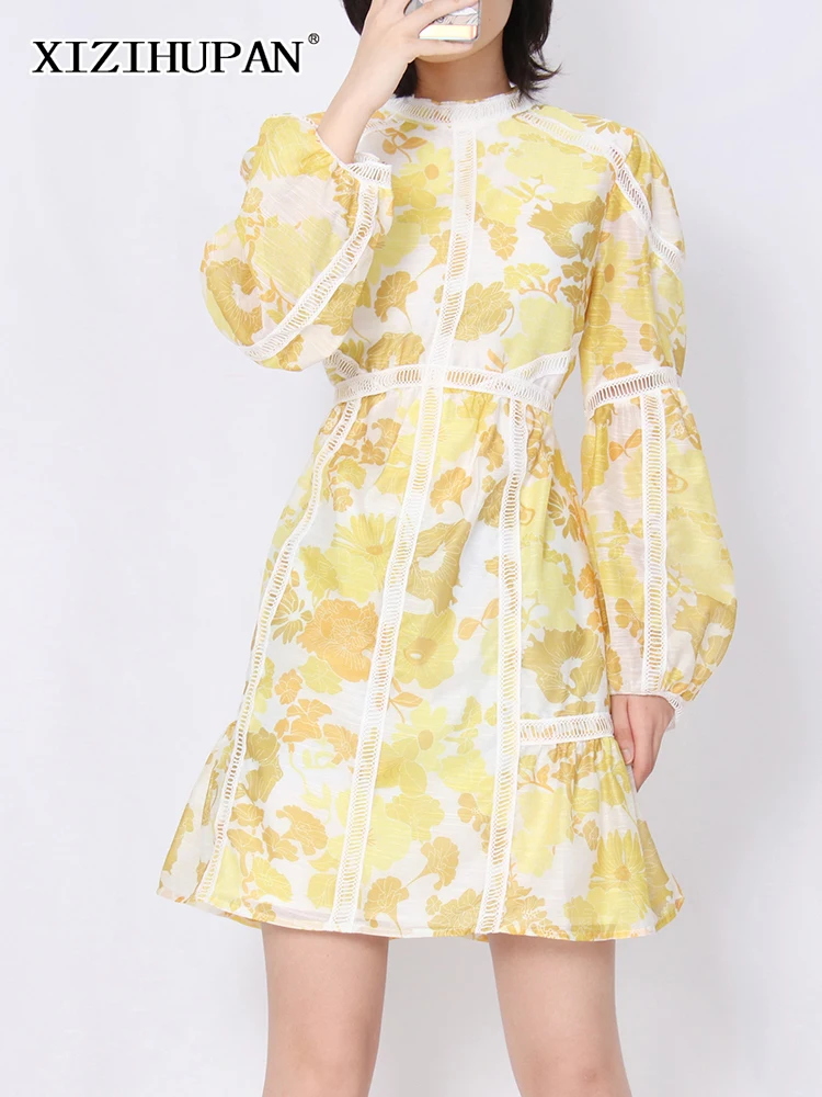 

XIZIHUPAN Patchwork Print Dress For Women Stand Collar Lantern Long Sleeve High Waist Colorblock Mini Dresses Female Clothes New