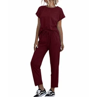 women 2 piece sports suit women short sleeved o neck t shirt lace up high waist straight trousers suit summer solid loose outfit