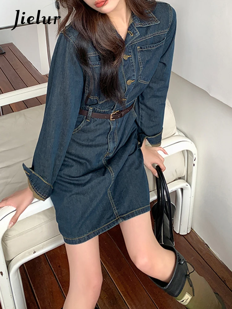Jielur Женское джинсовое платье-поло голубое Элегантное однобортное винтажное