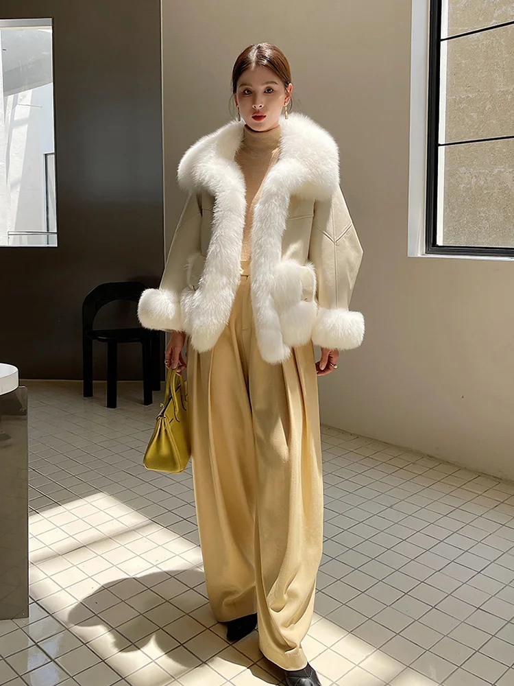 Women Real Fur Coat Autumn Winter Fashion Thick Warm Fox Fur Collar Patchwork Sheepskin Double-faced Fur Jacket Loose Outerwear