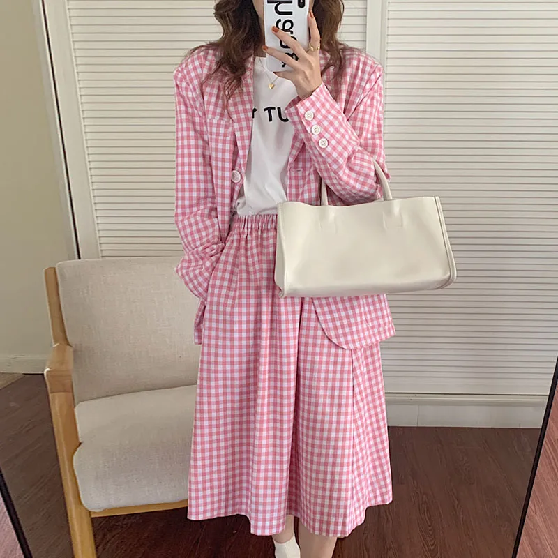 2021 Korean Chic Plaid Jacket Women Fashion Geometric Casual Elegant Office Ladies Long Sleeve Loose OL Lapel Blazers Sweet Pink