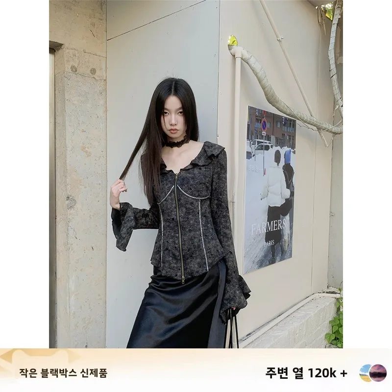 Plus Size Baiyashan Shirt American vintage Frill Bell Sleeve Shirts Autumn Vintage Slim fit Top