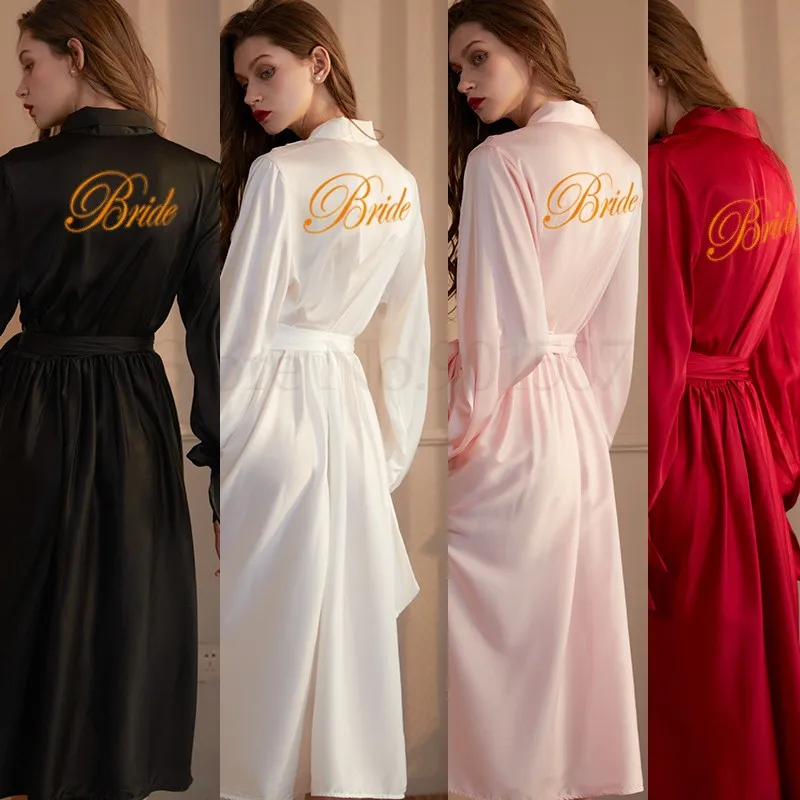 

Sexy Satin Long Bride Bridesmaid Robe Casual Women Letter Embroidery Sleepwear Wedding Bathrobe Gown Lingerie Silky Nightgown