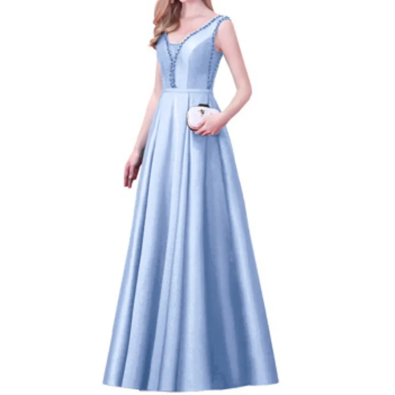 

1New V-Neck Beads Backless A Line Long Evening Dress Party Elegant Vestido De Festa Fast Shipping Prom Gowns