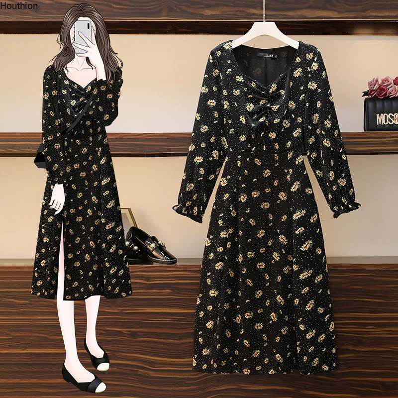 

Summer Autumn New Women's Dresses V-neck Dress Long Sleeve Printing Chiffon Fashion Loose Girl Mid-Calf