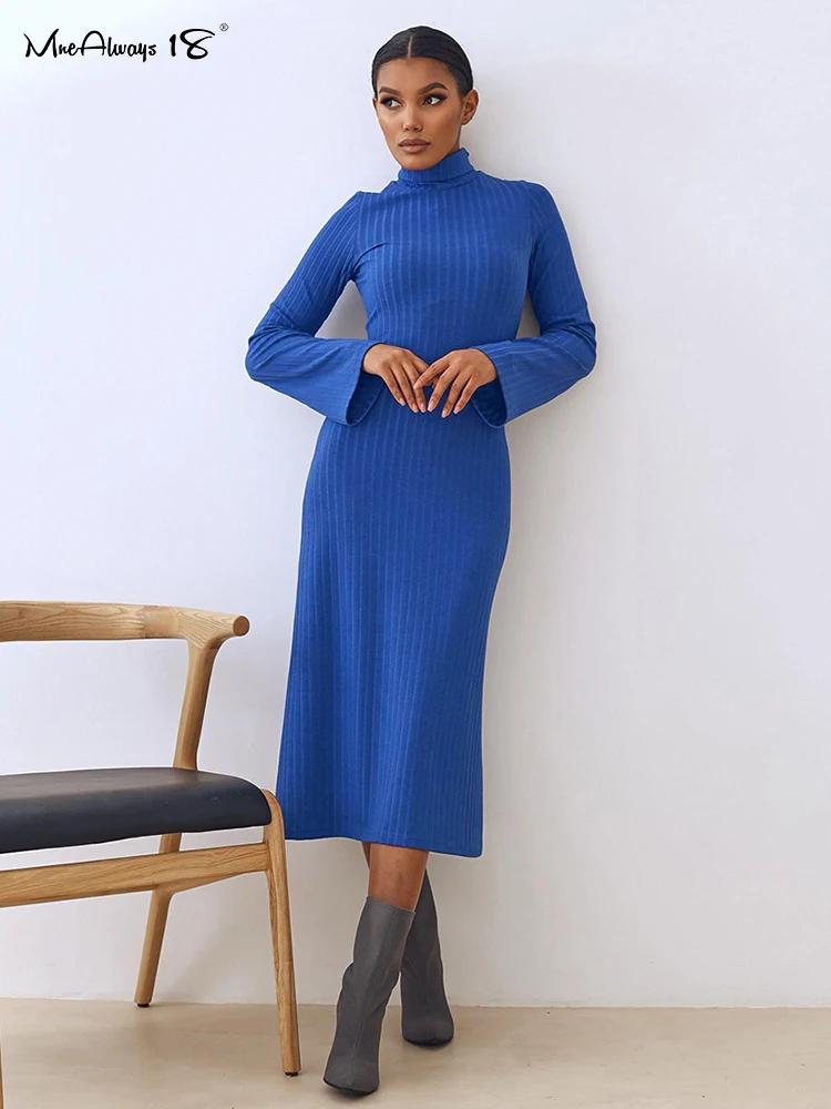 

Mnealways18 Turtleneck Bodycon Knitted Dress Long Sleeve Ribbed Midi Dress Blue Autumn Winter Office Ladies Long Knitting Dress