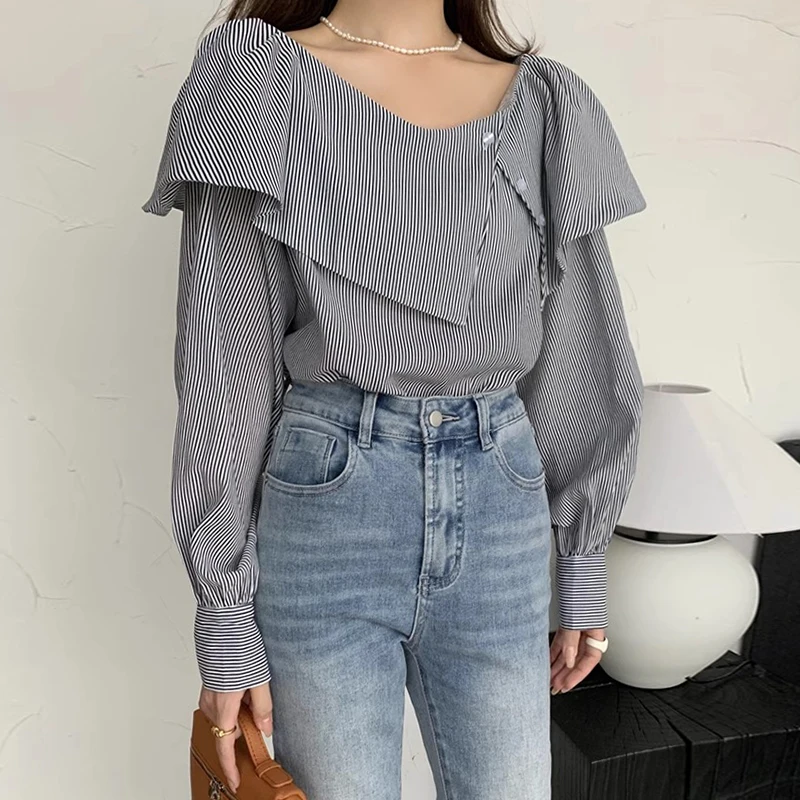 Блузка женская с открытым плечом элегантная рубашка в полоску тонкими краями Топ