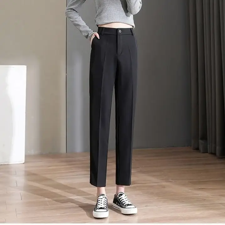 Office Lady Fashion Solid Straight Pants 2023 New Spring Summer Women Korean High Waist Pocket Casual Pencil Suits Trousers X103