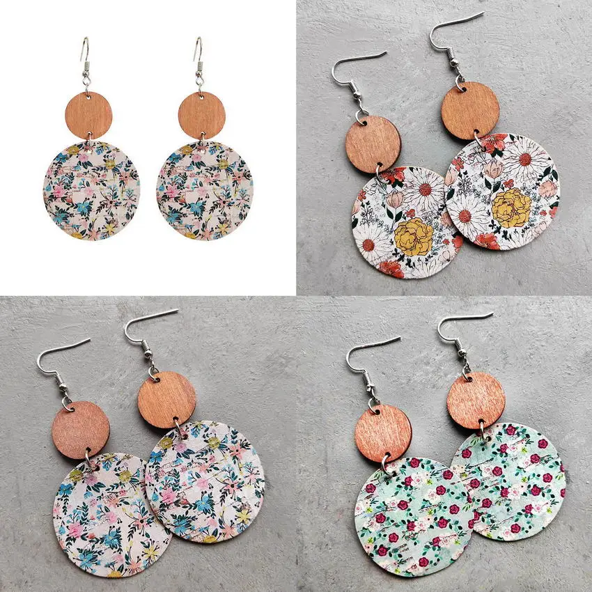 Floral Print Cork Leather Round Dangle Earrings with Wood Disc Top 2022 Fall Fashion Wood and Cork Statement Earrings