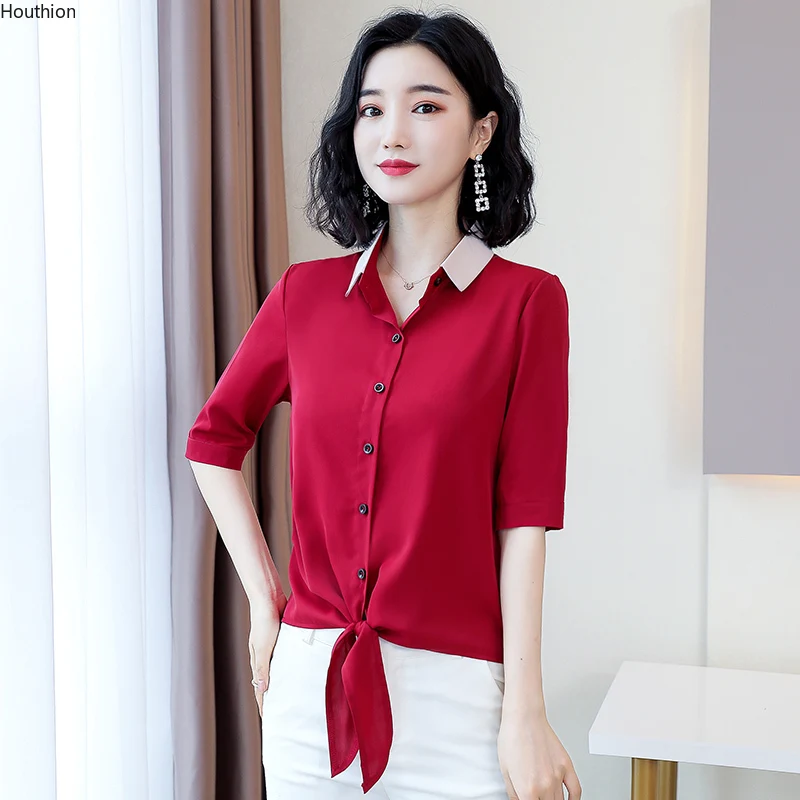 

Satin Women's Blouse Fashion New Short Sleeve Polo Shirt Solid Buttons Top Summer Female Clothes Houthion