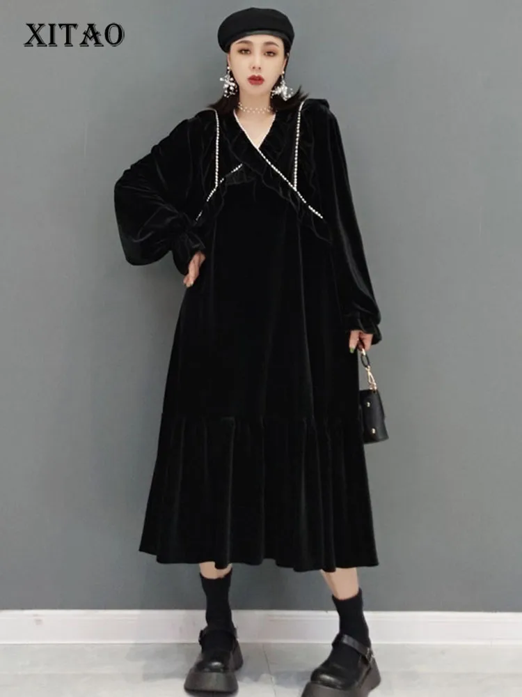 

XITAO, французские ретро платья, модные, новые, черные, темпераментные, v-образный вырез, пуловер, пэчворк, съедобное дерево, гриб, свободные, длинные, для женщин, WMD4344