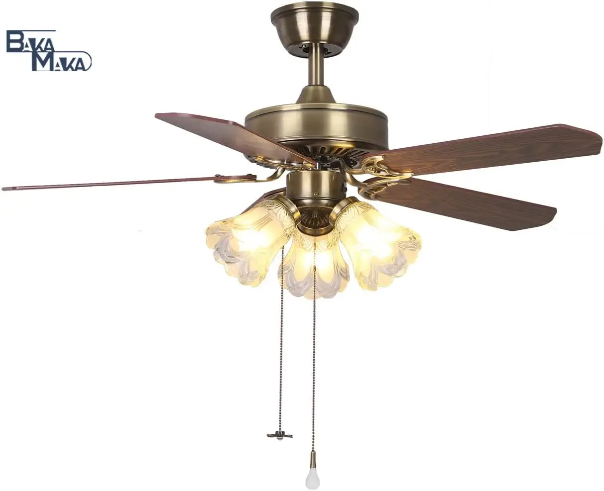 

42 Inch Indoor Ceiling Fan with Zipper 3 LEDs Bulb Bases Traditional 3-speed Double-sided Blade Ceiling Fan Bedroom Dining Room