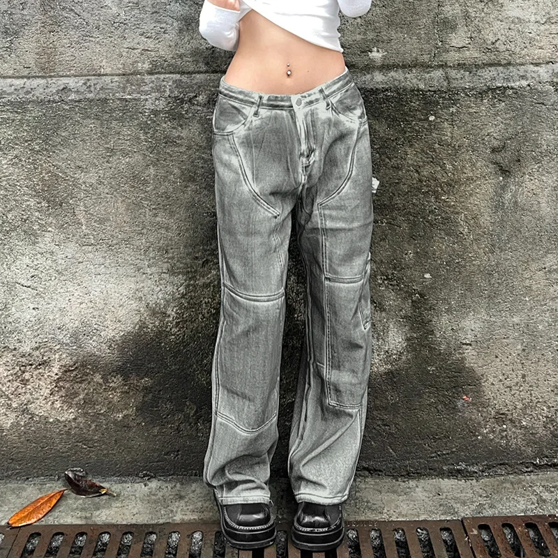 

2022 Autumn Vitage Cargo Jeans Straight Patchwork Fashion Pants High Waist Pocket Streetwear Y2k Jogger Baggy Trousers
