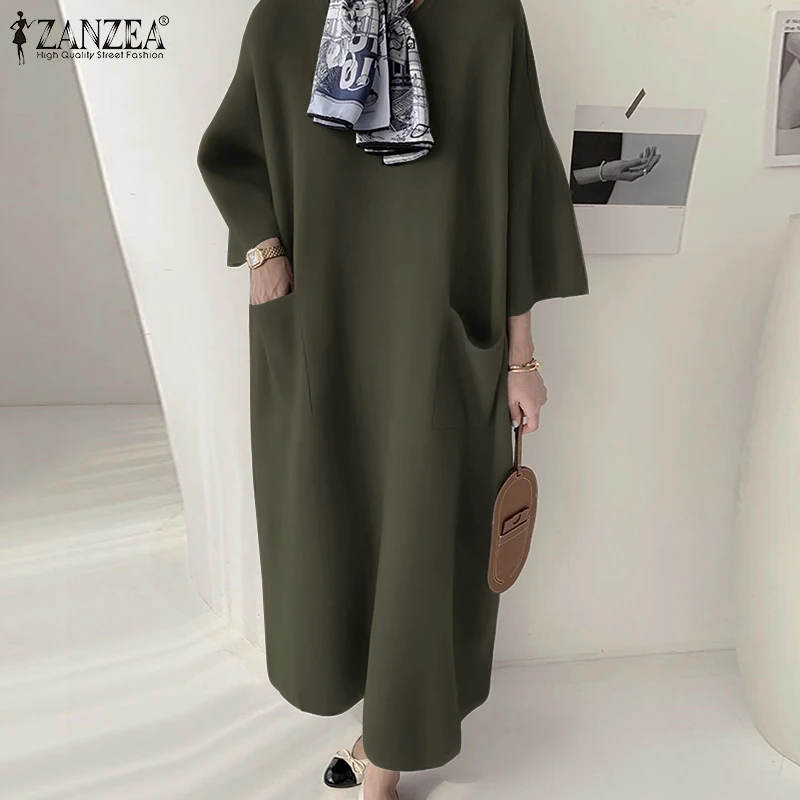 

Однотонное платье-свитшот, элегантное женское платье с длинным рукавом и круглым вырезом, повседневное свободное платье-миди ZANZEA, Осенний ж...