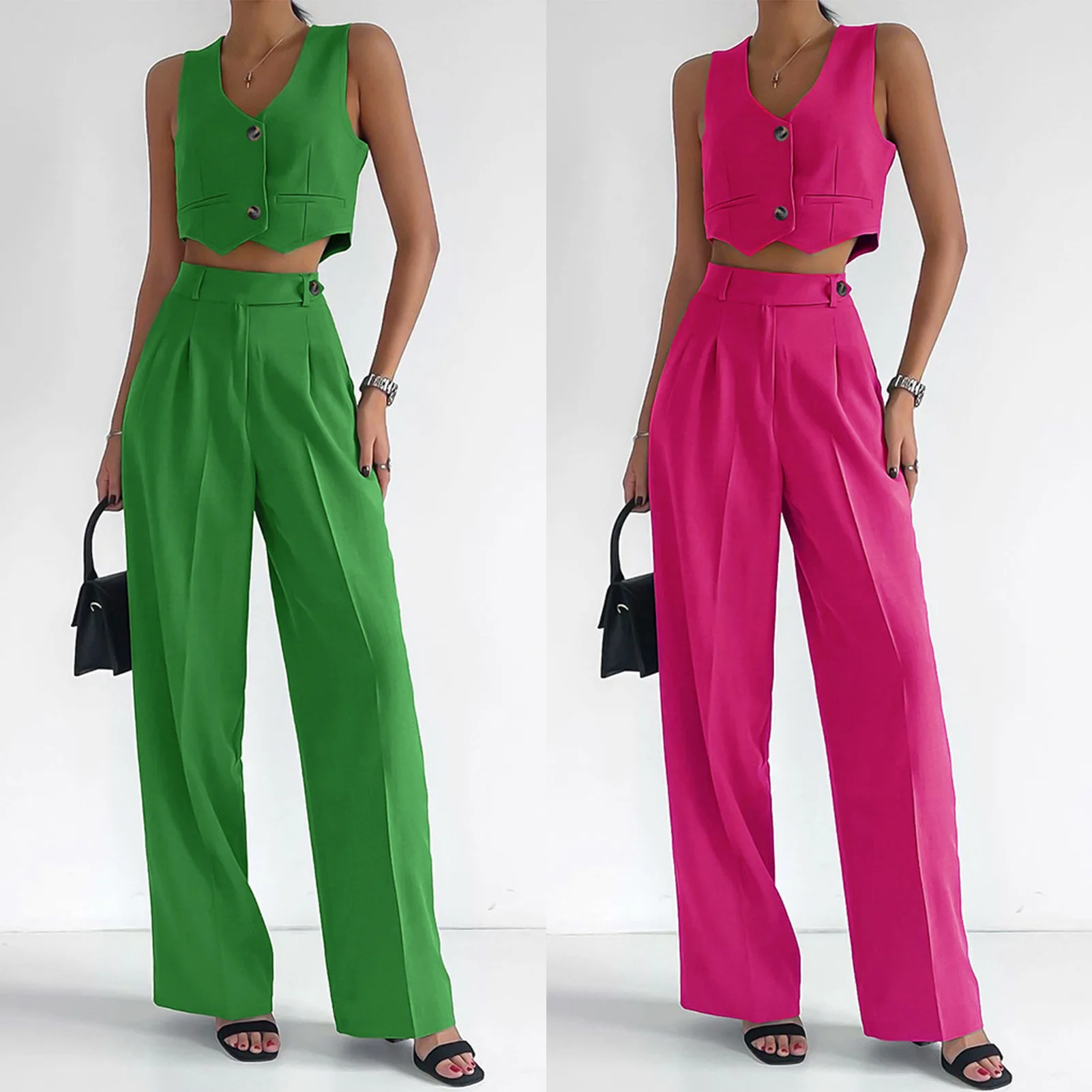 

Women Casual 2 Piece Suits Vest Top Trousers Sets Single Breasted Solid Color Sleeveless Tops Long Pants High Waist Daily Outfit