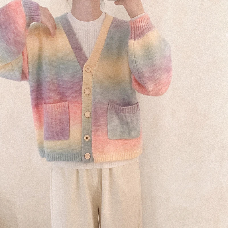 

Rainbow Cardigan Women V-Neck Loose Knitted Tops Aesthetic Harajuku Sweater for Sweet Girl Kawaii Clothes