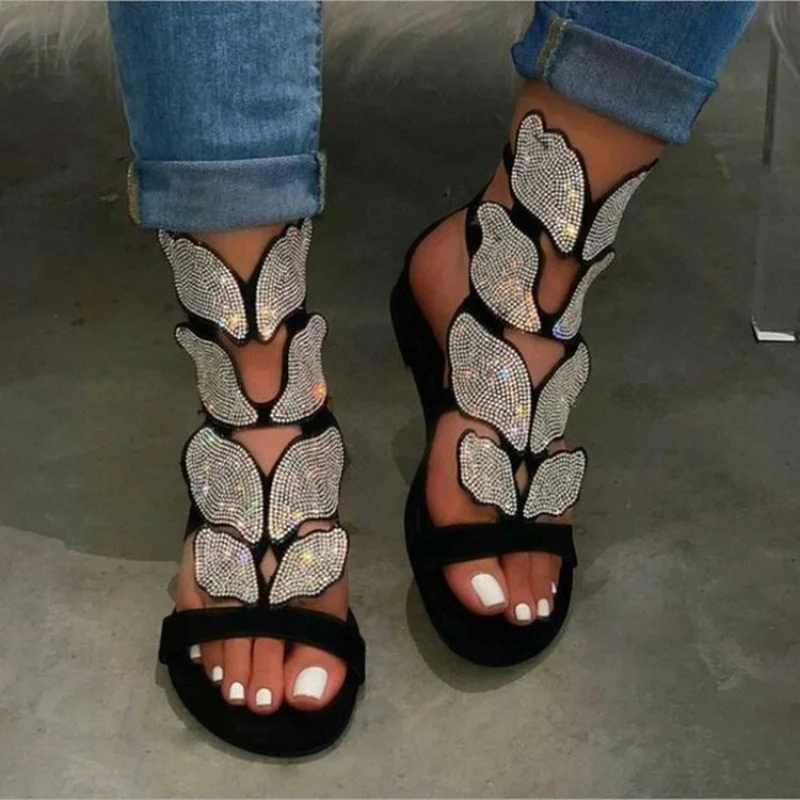 

Сандалии-гладиаторы женские с открытым носком, босоножки с кристаллами и бабочками, удобная обувь, большие размеры, модель 2023 на лето