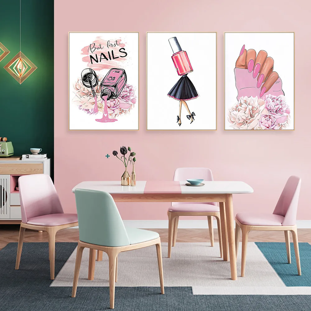 Розовый лак для ногтей холст настенное искусство аниме плакат милый дизайн