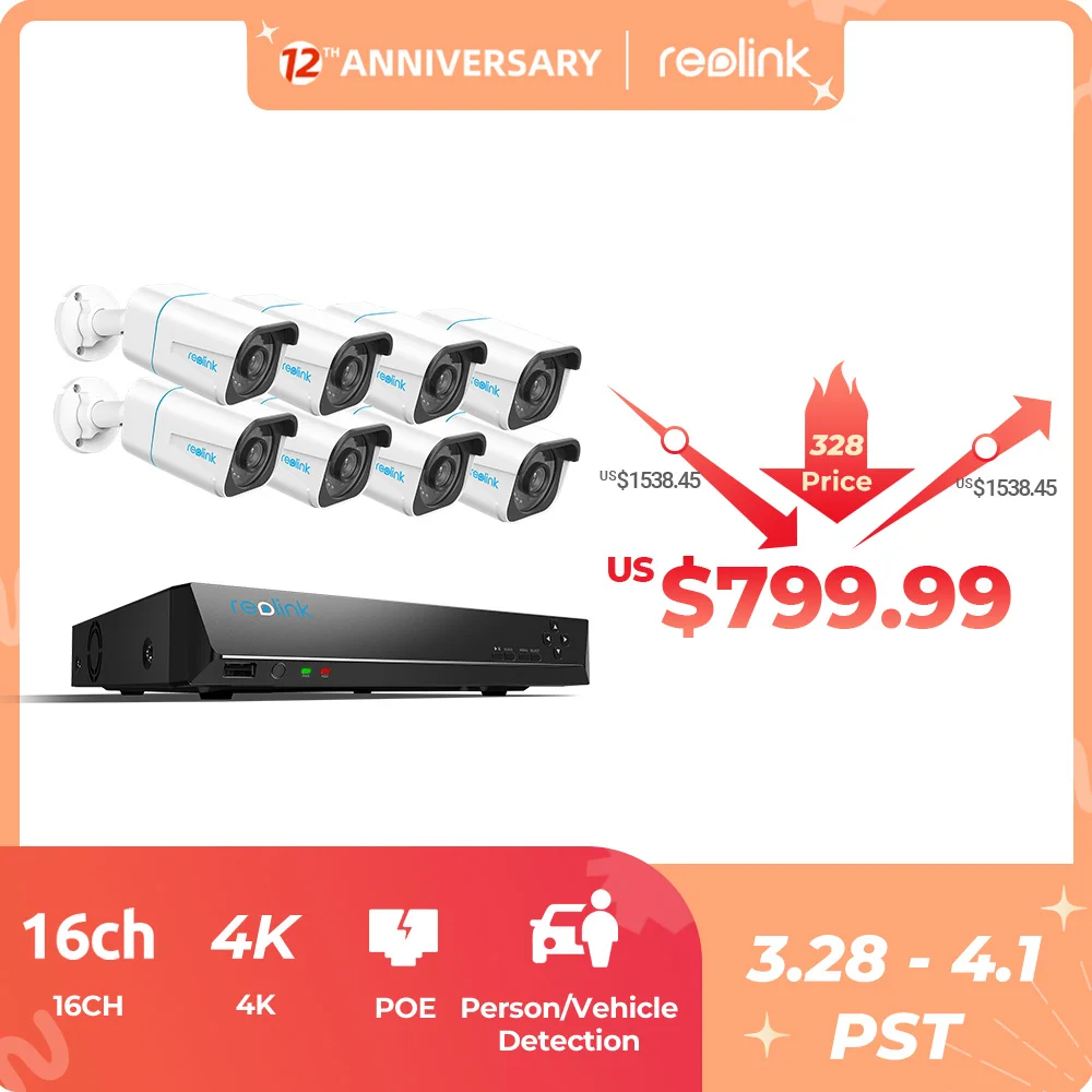 Reolink RLK16-810B8-A 4K NVR набор PoE Обнаружение человека/автомобиля 24/7 запись 3 ТБ HDD 8MP Ultra HD