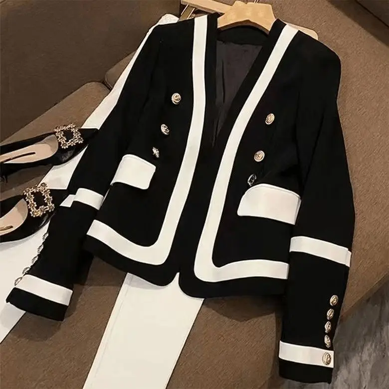 black and white color contrast suit women's early autumn new high grade light luxury metal breasted  small fragrant coat