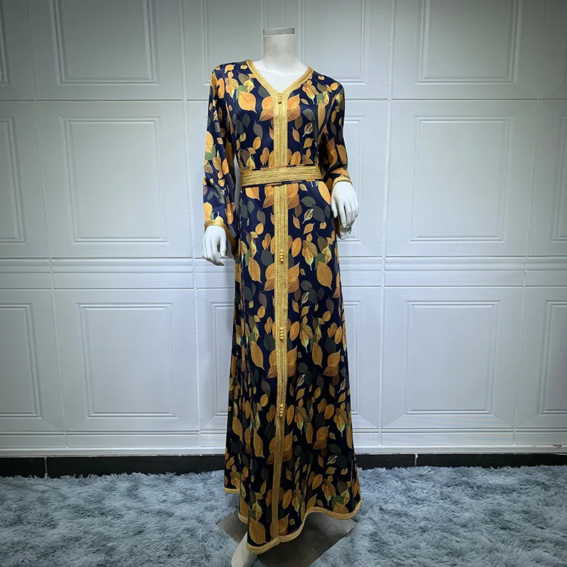 Middle East Dubai Printed Long Gold Belt Dress Women Jalabiya Muslim Women's Abayas for Women Hijab Dress