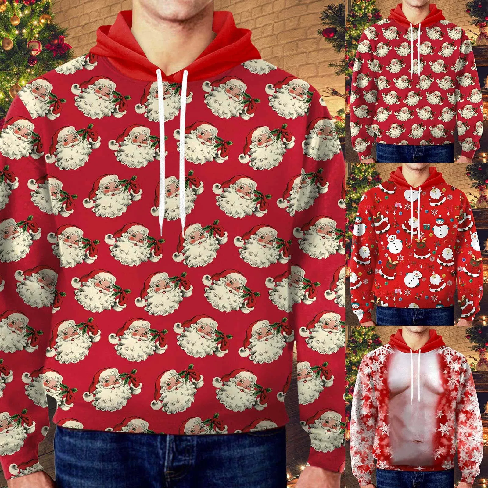 

Men's Winter Christmas Printed Casual Sports Loose Hoodie Sweatshirt Snowboard Hoodie