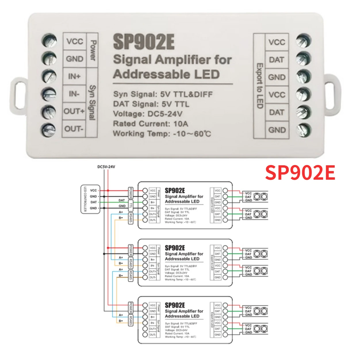 

SP902E SPI Signal Amplifier Repeater For WS2812 WS2811 WS2813 RGB Addressable IC Programmable Matrix Panel Light LED Pixel Strip