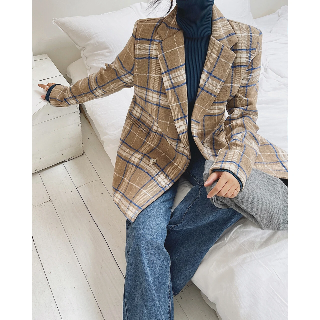 2022 Women Winter Plaid Woolen Tweed Jackets Trench Coats Blazers Raincoats Za Oem Korean Fashion Clothes Overcoat Elegant Y2k