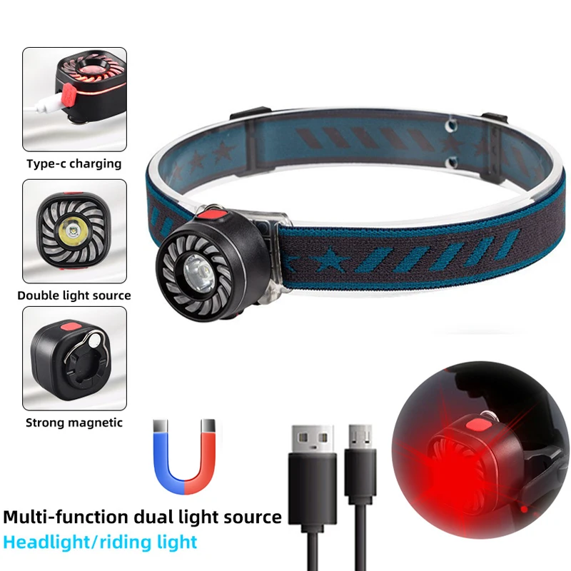 New 1*XPE+16*Red Leds Dual Light Source Headlights Bicycle Light Type-C Rechargeable Waterproof Headlamp with Warning Tail Light