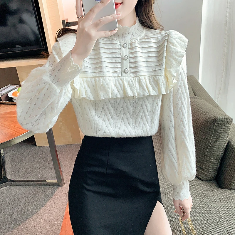 

Женская шифоновая блузка с оборками, кружевная длинная рубашка в виде листьев лотоса с волшебными краями, весна 2022