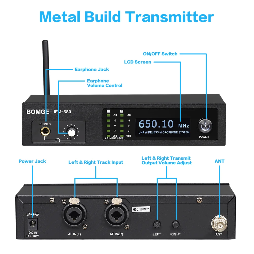 Беспроводная система ушного мониторинга BOMGE IEM-580 UHF профессиональная 2-канальная