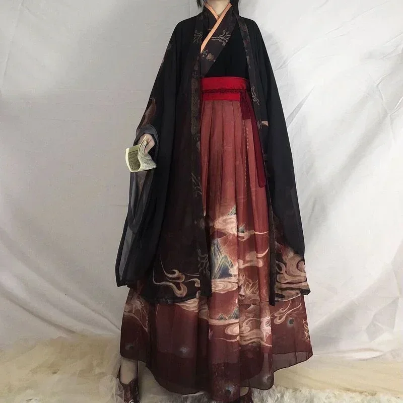 Китайские пары Hanfu с традиционным принтом ханьфу красные черные Наборы для
